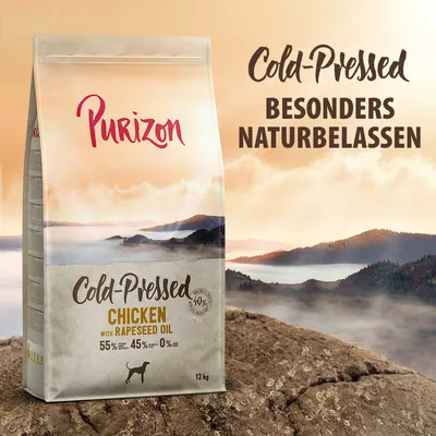 Purizon Cold-Pressed Chicken mit Rapsöl, besonders naturbelassen. 55% Fleisch, 45% Gemüse, 0% Getreide. Verpackung zeigt 12 kg Beutel vor Naturkulisse.
