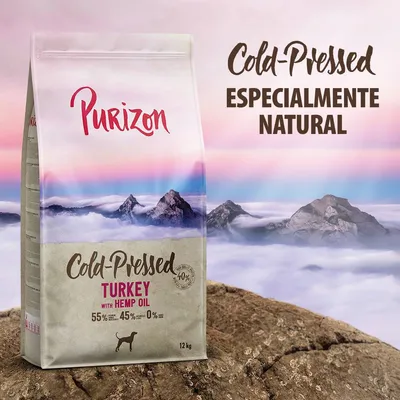 Saco de 12 kg de Purizon Cold-Pressed Turkey with Hemp Oil. Texto visible: Cold-Pressed, Especialmente natural, 55 % pavo, 45 % otros ingredientes, 0 % grano.