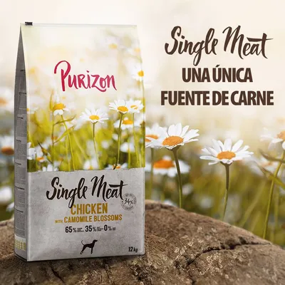 Purizon Single Meat Chicken with Camomile Blossoms, 12 kg. 65 % carne, 35 % vegetales, 0 % cereales. Texto: 'Single Meat, una única fuente de carne'.
