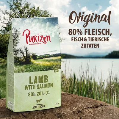 Purizon Trockenfutter für Hunde, Sorte Lamm mit Lachs. Original: 80% Fleisch, Fisch & tierische Zutaten. Für erwachsene Hunde. Packungsgrösse 12kg.