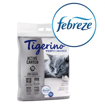 Litière pour chat Tigerino Performance Active Carbon, 12 kg, parfum frais Febreze, argile naturelle agglomérante, absorption des odeurs, image d’un chat gris sur l’emballage.