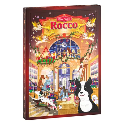 Calendrier de l’Avent Rocco, illustration festive avec chiens et décorations de Noël, texte visible : Merry Christmas Rocco
