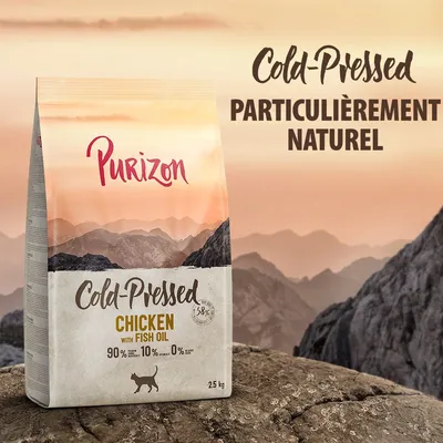Purizon Cold-Pressed Chicken with Fish Oil, 2,5 kg. 90 % ingrédients d’origine animale, 10 % végétaux, 0 % céréales. Texte visible : Cold-Pressed particulièrement naturel.
