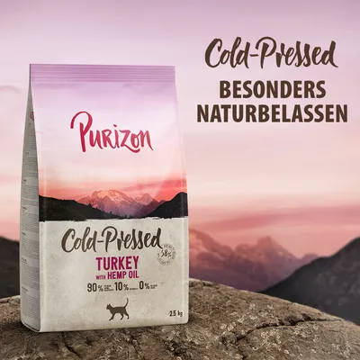 Purizon Cold-Pressed Turkey with Hemp Oil, besonders naturbelassen. 90% tierische Zutaten, 10% Gemüse, 0% Getreide. Packungsgrösse: 2,5 kg.