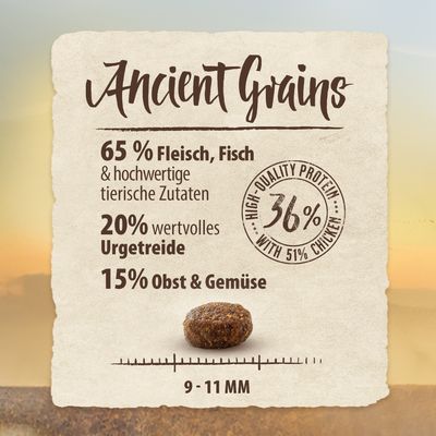 Ancient Grains: 65% Fleisch, Fisch & hochwertige tierische Zutaten, 20% wertvolles Urgetreide, 15% Obst & Gemüse. High Quality Protein 36% mit 51% Huhn. Grösse: 9-11 mm.