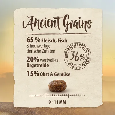 Ancient Grains: 65% Fleisch, Fisch & hochwertige tierische Zutaten, 20% wertvolles Urgetreide, 15% Obst & Gemüse. High Quality Protein 36% mit 51% Huhn. Grösse: 9-11 mm.