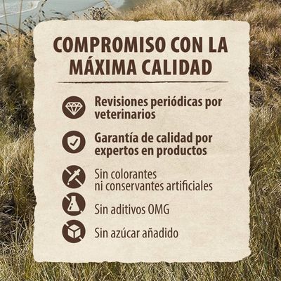 Compromiso con la máxima calidad: revisiones periódicas por veterinarios, garantía de calidad por expertos, sin colorantes ni conservantes artificiales, sin aditivos OMG, sin azúcar añadido.