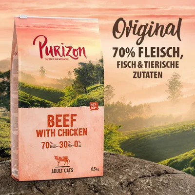 Purizon Adult Cats Beef with Chicken, 6.5kg. Original: 70% Fleisch, Fisch & tierische Zutaten, 30% Gemüse, 0% Getreide. 42% Proteinanteil. Purizon Adult Cats Beef with Chicken, 6.5kg. Original: 70% Fleisch, Fisch & tierische Zutaten, 30% Gemüse, 0% Getreide. 42% Proteinanteil.