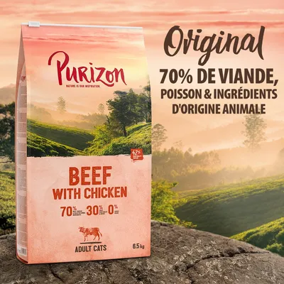 Purizon Beef with Chicken pour chats adultes, 6,5 kg. 70 % viande, poisson et ingrédients d’origine animale, 30 % fruits/légumes, 0 % céréales. Original. 42 % protéines brutes.