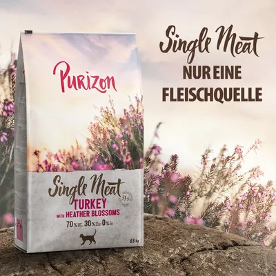 Purizon Single Meat Turkey mit Heideblüten, nur eine Fleischquelle, 70% Fleisch, 30% Gemüse, 0% Getreide, 6,5 kg Packung.
