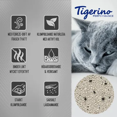Tigerino Performance. Med Febreze-doft av fräsch tvätt, klumpbildande naturlera med aktivt kol, binder lukt mycket effektivt, högabsorberande och verksamt, starkt klumpbildande, särskilt lågdammande.