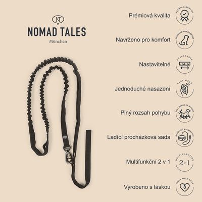 Vodítko Nomad Tales München, černé, s texty: Prémiová kvalita, Navrženo pro komfort, Nastavitelné, Jednoduché nasazení, Plný rozsah pohybu, Ladící procházková sada, Multifunkční 2 v 1, Vyrobeno s láskou.