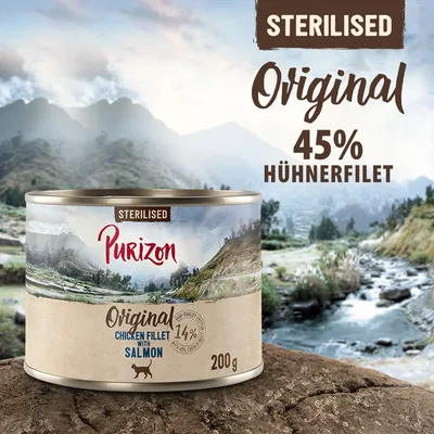 Purizon Sterilised Original, 45% Hühnerfilet, Chicken Fillet with Salmon, 200 g konzerva. Tekst na engleskom i njemačkom jeziku vidljiv na ambalaži.