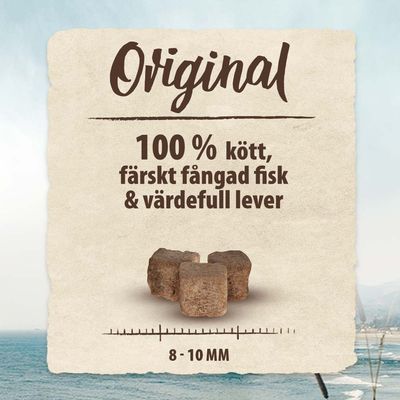 Purizon Snacks Fish with Beef, 100% meat fish & liver, for adult cats, förpackning med texten 'Prova nu!' i orange cirkel. Synlig Purizon-logotyp.