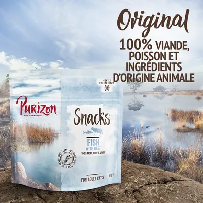 Purizon Snacks Fish with Beef pour chats adultes, 40 g. Texte visible : Original, 100 % viande, poisson et ingrédients d’origine animale, gently freeze-dried, 100 % meat, fish & liver. Purizon Snacks Fish with Beef pour chats adultes, 40 g. Texte visible : Original, 100 % viande, poisson et ingrédients d’origine animale, gently freeze-dried, 100 % meat, fish & liver.