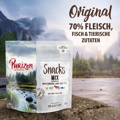 Purizon Snacks Mix für erwachsene Katzen, 70% Fleisch, Fisch und tierische Zutaten, schonend gefriergetrocknet, mit Huhn, Lamm, Rind und Fisch, 40g.