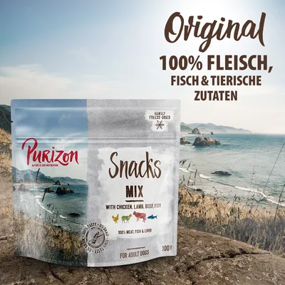 Purizon Snacks Mix pour chiens adultes, 100 g. Texte visible : Original 100% Fleisch, Fisch & tierische Zutaten (allemand), avec poulet, agneau, bœuf, poisson. Gently freeze-dried. Purizon Snacks Mix pour chiens adultes, 100 g. Texte visible : Original 100% Fleisch, Fisch & tierische Zutaten (allemand), avec poulet, agneau, bœuf, poisson. Gently freeze-dried.