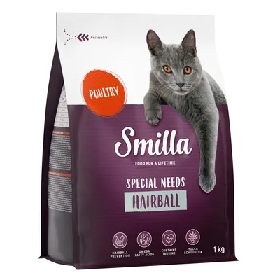 Smilla Special Needs Hairball cat food with poultry, 1 kg. Contains omega fatty acids, taurine and Yucca Schidigera. Resealable packaging.