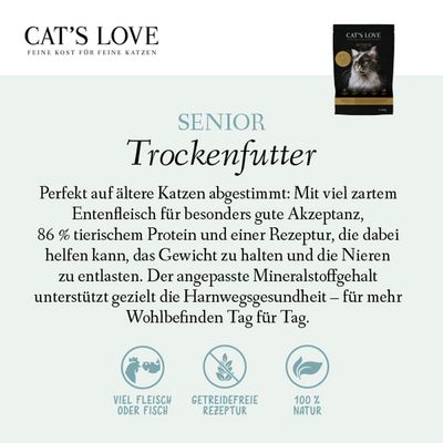 Cat's Love Senior Trockenfutter für ältere Katzen. Mit Entenfleisch, 86% tierischem Protein, getreidefrei, unterstützt Harnwegsgesundheit und Wohlbefinden. Viel Fleisch oder Fisch, 100% Natur.