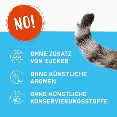 Ohne Zusatz von Zucker, ohne künstliche Aromen, ohne künstliche Konservierungsstoffe. Hinweis mit Katzenmotiv.