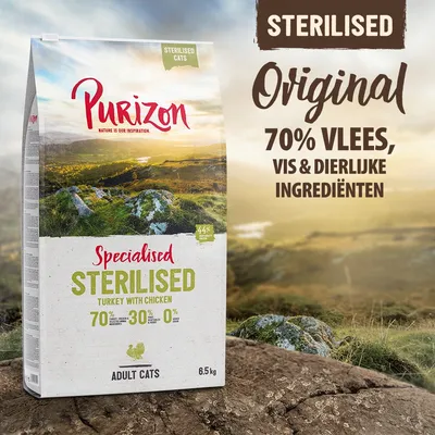 Purizon Specialised Sterilised Turkey with Chicken kattenvoer, 6,5 kg. 70% vlees, vis & dierlijke ingrediënten. Voor gesteriliseerde volwassen katten. 0% graan, 30% geselecteerde groenten.