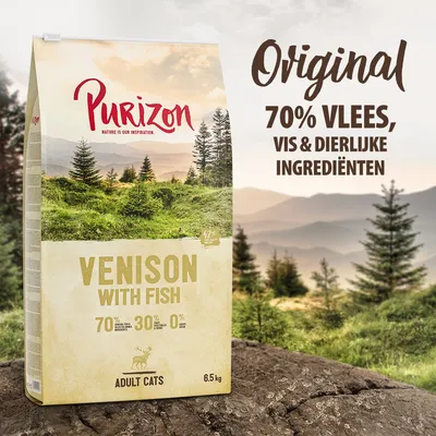 Purizon Venison with Fish kattenvoer, 6,5 kg. Original: 70% vlees, vis & dierlijke ingrediënten. Voor volwassen katten. 0% granen, 30% groenten & fruit zichtbaar op verpakking. Purizon Venison with Fish kattenvoer, 6,5 kg. Original: 70% vlees, vis & dierlijke ingrediënten. Voor volwassen katten. 0% granen, 30% groenten & fruit zichtbaar op verpakking.