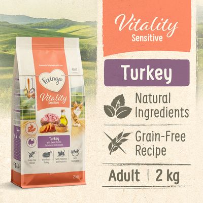 Feringa Vitality Sensitive Adult, индейка с бататом, лососевым маслом и льняным семенем. Без зерна, свежая индейка, с пребиотиками и пробиотиками, с овощами. Упаковка: 400 г.