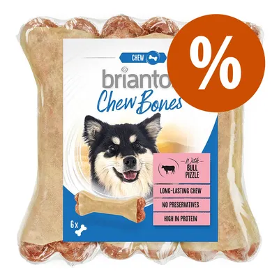 briantos Chew Bones, 6 ks, s textem: With bull pizzle, long-lasting chew, no preservatives, high in protein. Velké oranžové procento v rohu obalu.