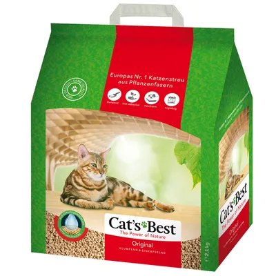 Cat's Best Original mačji pijesak, europski br. 1 od biljnih vlakana, grudajući, biorazgradiv, niska prašina, učinkovit. Pakiranje prikazuje mačku i detalje proizvoda.