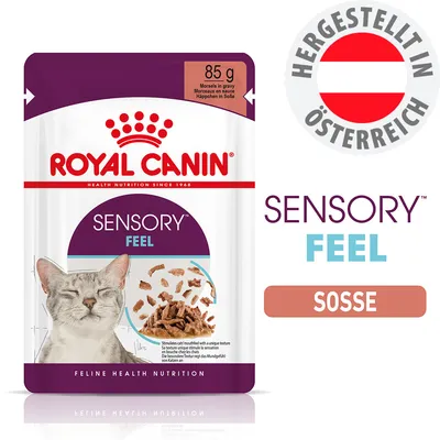 ROYAL CANIN SENSORY FEEL Häppchen in Soße, 85g. Hergestellt in Österreich. Text: SOSSE.