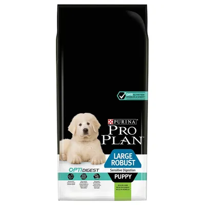 Συσκευασία Purina Pro Plan OptiDigest Large Robust Puppy Sensitive Digestion, πλούσιο σε αρνί. Εμφανίζεται κουτάβι και εικονίδια με πληροφορίες για πέψη και συστατικά.