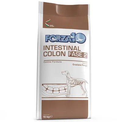Sacchetto Forza10 Intestinal Colon Fase 2, Canine Formula, formula Graziano Pengo, Made in Italy, peso 10 kg, illustrazione apparato digerente cane visibile sulla confezione.