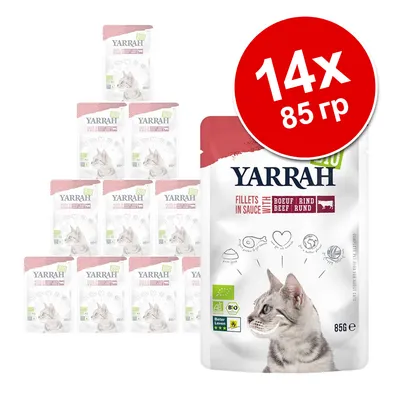 Yarrah Bio Fillets in Sauce с говядиной для кошек, 14×85 г. На упаковке изображён кот и значки: натуральные ингредиенты, органический сертификат, вес 85 г.