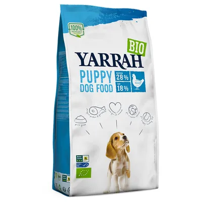 Yarrah Puppy Dog Food, BIO, protein 28 %, fat 18 %, billede af hvalp. Tekst: 100 % recyclable packaging. Beter Leven 1 ster, EU-økologimærke synlige på posen.