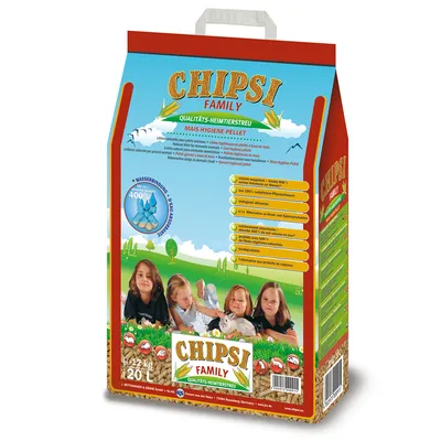 Sac de litière Chipsi Family Qualitats-Heimtierstreu, mais-hygiène-pellet, 12 kg, 20 L. Texte en allemand sur les avantages, illustration d’enfants avec petits animaux.