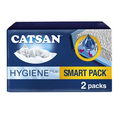 Catsan Hygiene Plus Smart Pack, 2 packs. Image shows absorbent granules with a droplet and arrows indicating liquid absorption. Catsan Hygiene Plus Smart Pack, 2 packs. Image shows absorbent granules with a droplet and arrows indicating liquid absorption.
