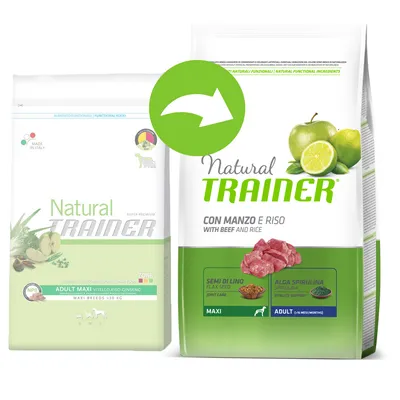 Стара и нова опаковка на Natural Trainer за кучета. Новата: Con Manzo e Riso, With Beef and Rice, Semi di Lino, Alga Spirulina, Maxi, Adult. Видими зелена ябълка, лимон, месо.