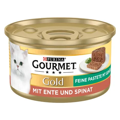 Purina Gourmet Gold, fin paté med grøntsager, variant: and og spinat. Vist er en dåse med produktbillede og hvid kat.
