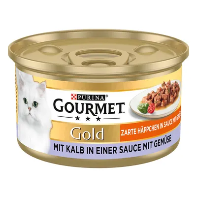 Purina Gourmet Gold, teneri bocconcini con vitello in salsa con verdure. In foto: lattina e pezzi serviti su piatto.