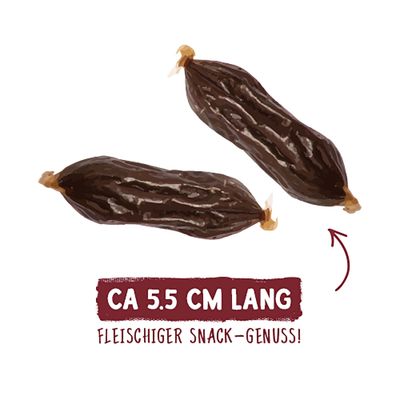 Zwei fleischige Snacks, ca. 5,5 cm lang. Text: Fleischiger Snack-Genuss.