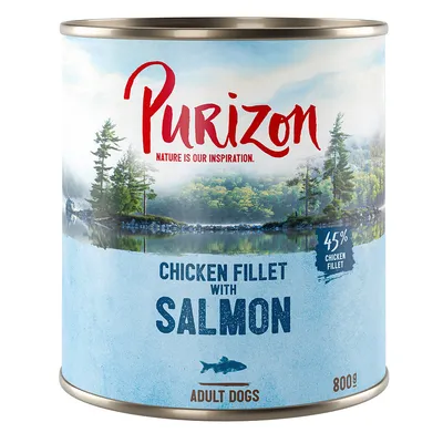 Purizon comida húmeda para perros adultos, variedad filete de pollo con salmón, 45% filete de pollo, lata de 800g.