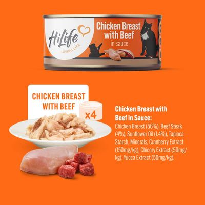 Chicken Breast with Beef in Sauce: contains chicken breast 56%, beef steak 4%, sunflower oil 1.4%, tapioca starch, minerals, cranberry, chicory and yucca extracts. Pack of 4 cans.