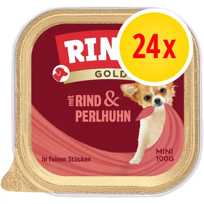 Rinti Gold mit Rind & Perlhuhn, confezione da 24 vaschette mini da 100 g. Testo in tedesco visibile sull'etichetta. Rinti Gold mit Rind & Perlhuhn, confezione da 24 vaschette mini da 100 g. Testo in tedesco visibile sull'etichetta.