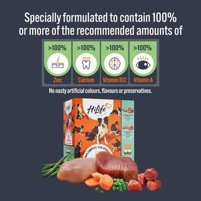 Product contains over 100% of recommended zinc, calcium, vitamin B12 and vitamin A. No artificial colours, flavours or preservatives. Image shows food ingredients and product box.