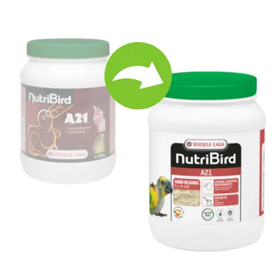 NutriBird A21 Versele-Laga emballageskifte: gammel og ny bøtte vises. Ny emballage med tekst 'Hand-Rearing All-in-One', papegøjebillede og piktogrammer.
