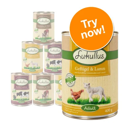 Lukullus Adult canned food selection, visible flavours include Geflügel & Lamm, Rind & Truthahn, Kaninchen & Wild. Large orange badge with white text: Try now!