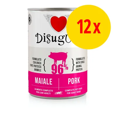 Disugual Maiale Pork, aliment complet pour chiens adultes, 96 % porc, lot de 12 boîtes. Texte en anglais et italien visible sur l’emballage.