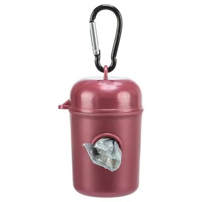 Plastic houder met karabijnhaak en zichtbare uitneembare zakjes, geschikt voor het meenemen van hondenpoepzakjes tijdens wandelingen.
