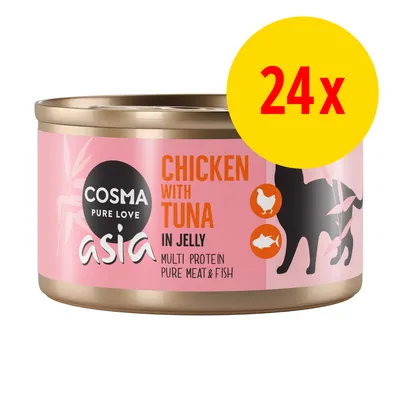 Cosma Asia Chicken with Tuna in Jelly, multi protein pure meat & fish, 24x. Kissanmärkäruokapurkki, vaaleanpunainen etiketti, keltainen ympyrä jossa teksti 24x.