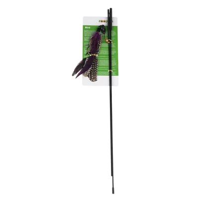 Zooplus vara de brincar com penas roxas e com pintas, adequada para brincadeira interativa. Embalagem mostra informações do produto em fundo verde.